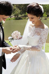 A-line Off Shoulder Long Sleeves Satin Lace Wedding Dresses, Bridal Gown